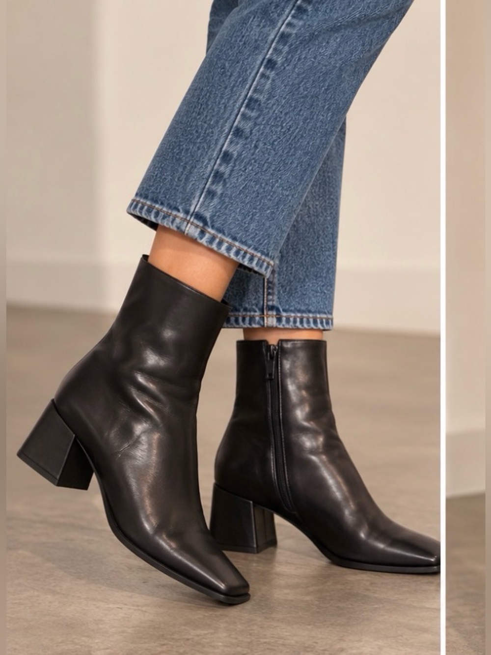 Minimalist Chunky Heel Black Leather Square Toe Ankle Boots Retro. Size 7.5